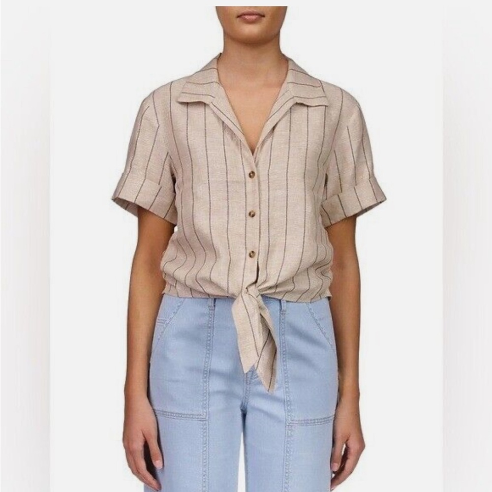 NWT Sanctuary Women's Ocean Striped Linen Button-Front Tie-Hem Shirt